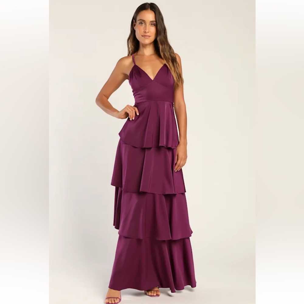Lulus Going with Elegance Plum Purple Satin Tiered Gown